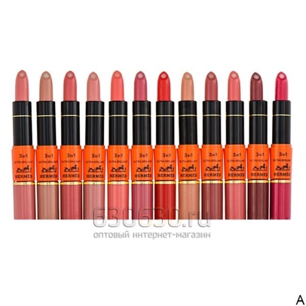 Помада для губ Hermes "Ultra Briliant 3 in 1 Lipstick Lip Gloss & Lip Balm" (12 in 1)