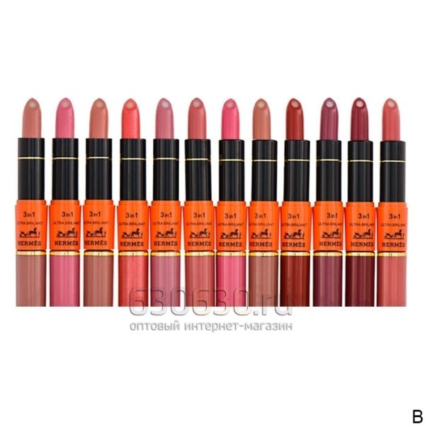 Помада для губ Hermes "Ultra Briliant 3 in 1 Lipstick Lip Gloss & Lip Balm" (12 in 1)